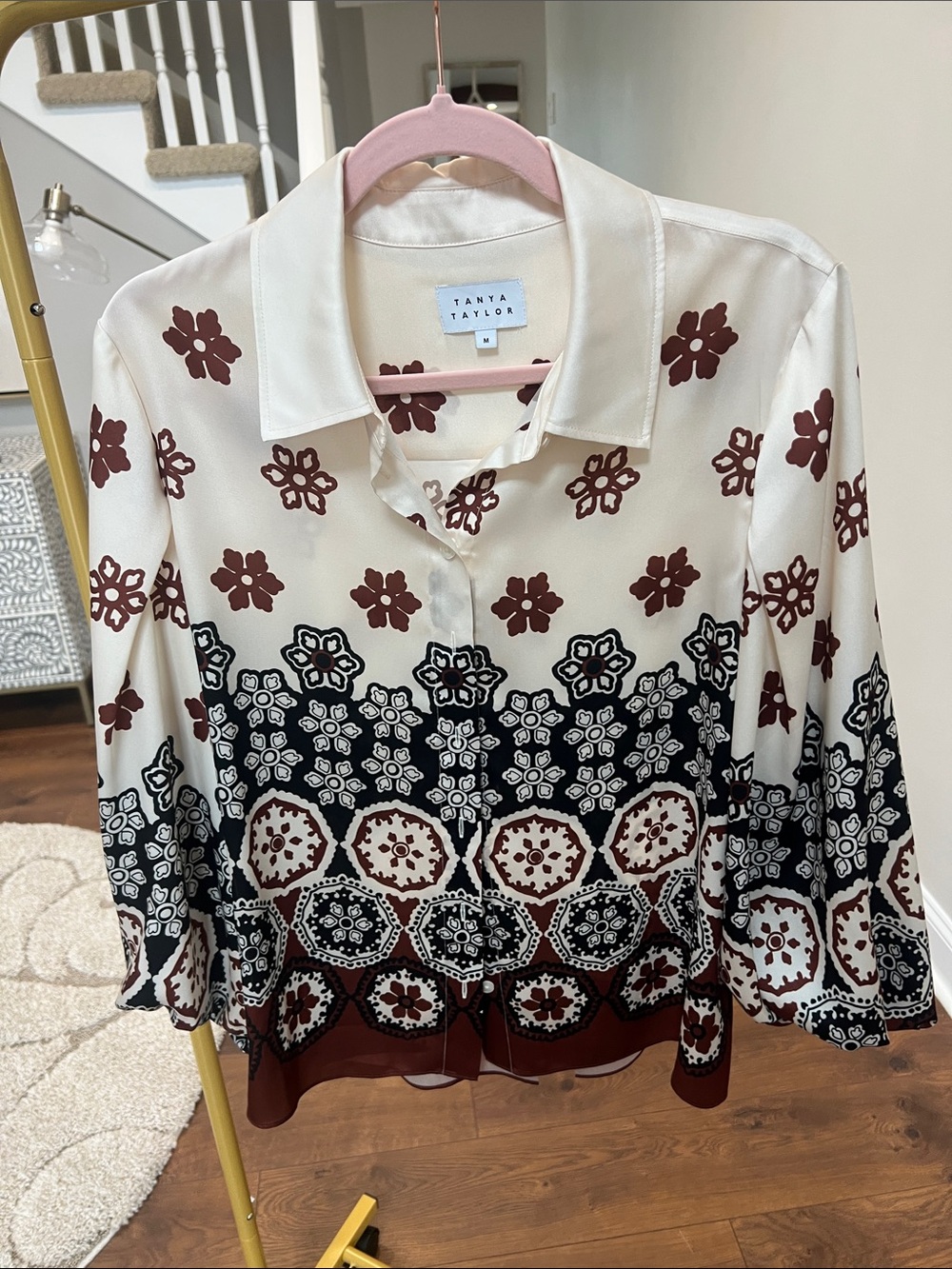 Tanya Taylor Cream, Brown & Black Printed Button-Down Blouse